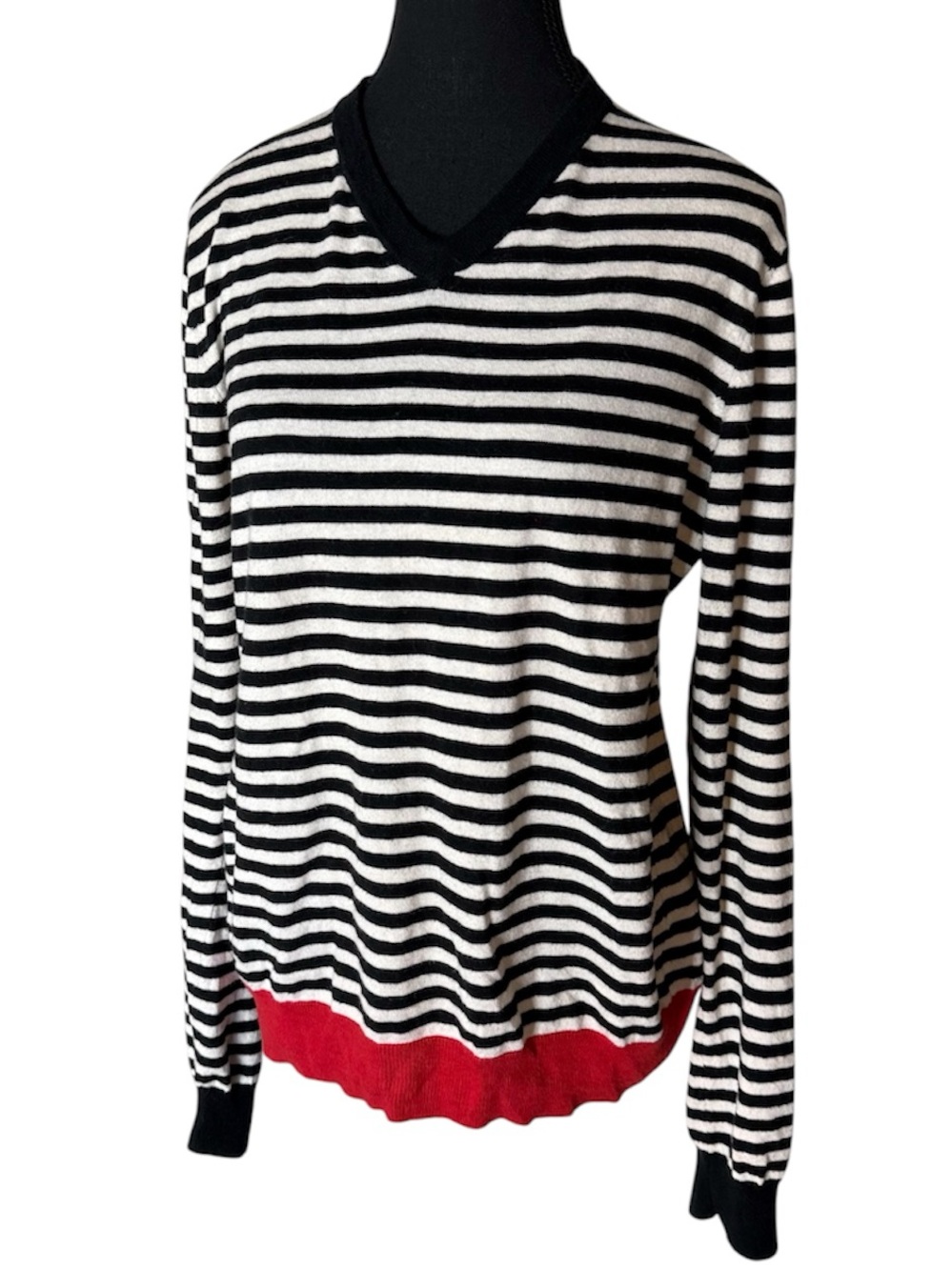 CLUB MONACO Cashmere Blend Striped V Neck Sweater Black White Red Size Medium